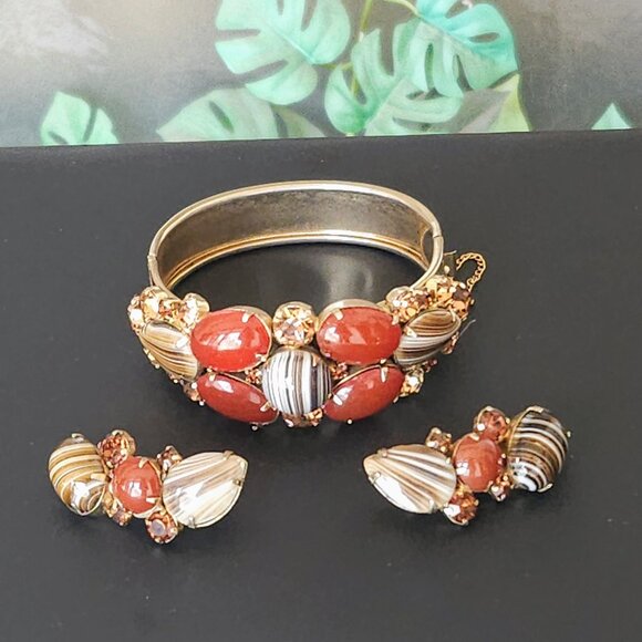 Vintage Rhinestone Hinged Bangle Bracelet & Earring Set - Picture 1 of 8